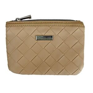 JOAN & DAVID Zippered Pouch Bag Camel Beige Faux Leather Hot Pink Lining 6x8‎